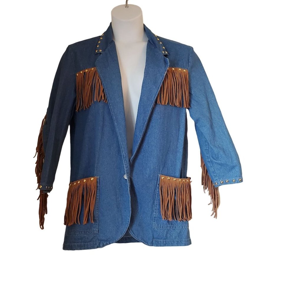 Ideas S‎ Blue Jean Denim Brown Fringed Western Cowgirl Jacket Blazer